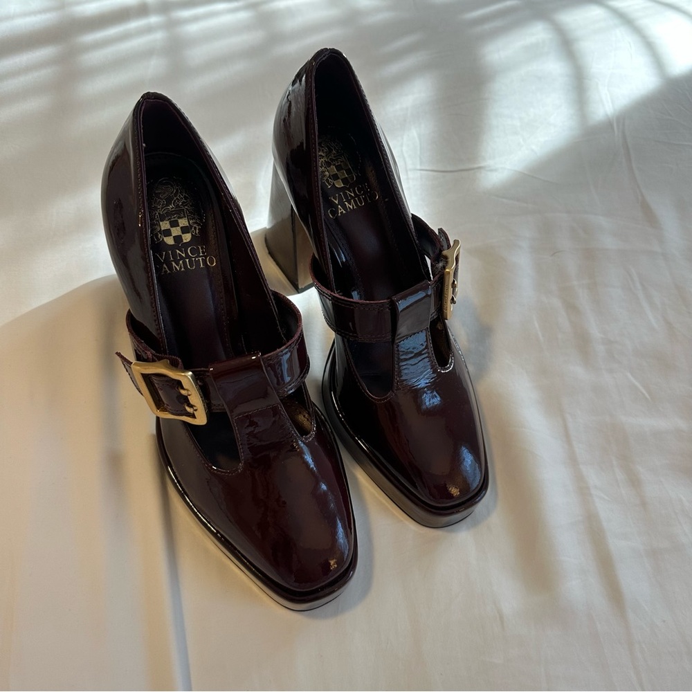 Vince Camuto Patent Leather Mary Jane Heels in Deep Burgundy